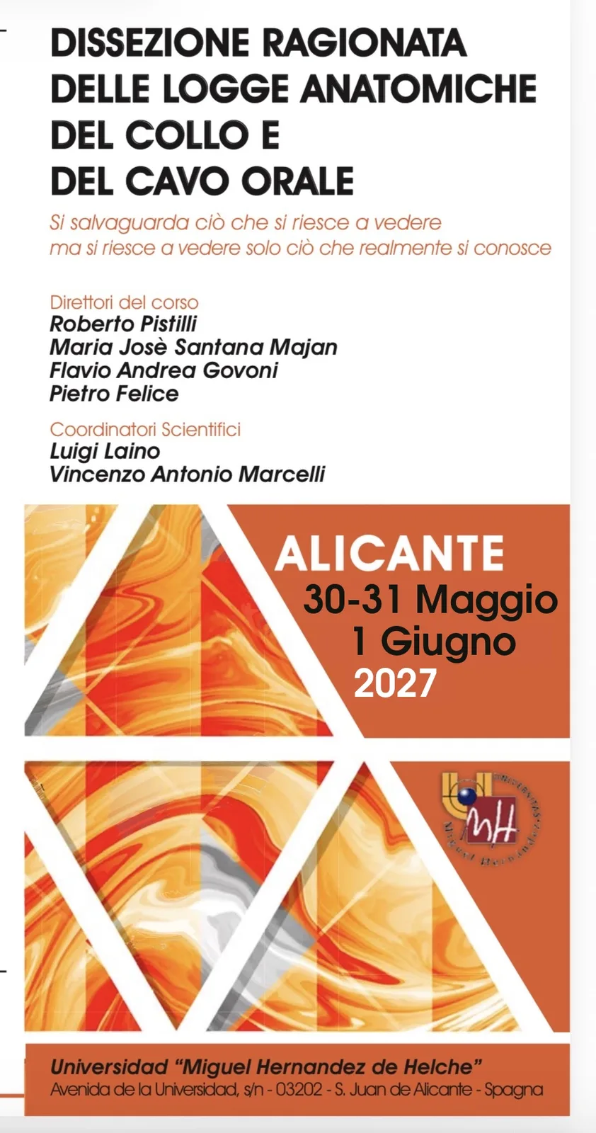 Locandina del corso di dissezione delle logge anatomiche del collo e del cavo orale — 30 maggio-1 giugno 2027, Universidad Miguel Hernández, San Juan de Alicante
