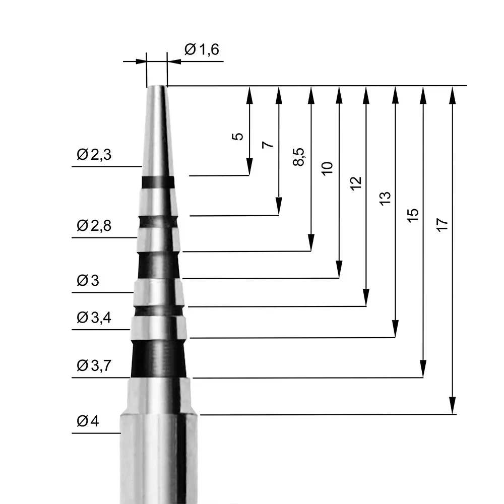 Disegno tecnico osteotomo Easy In AZ 100: diametro punta 1.6 mm, quote progressive