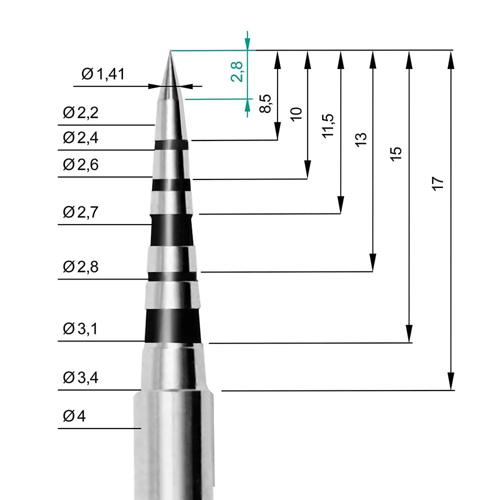 Disegno tecnico osteotomo Easy In AZ 100P: diametro punta 1.41 mm, quote progressive