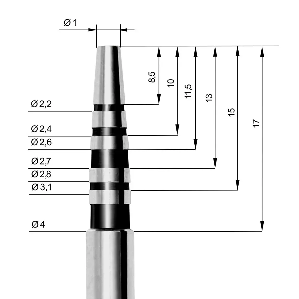 Disegno tecnico osteotomo Easy In AZ 200: diametri e altezze progressive