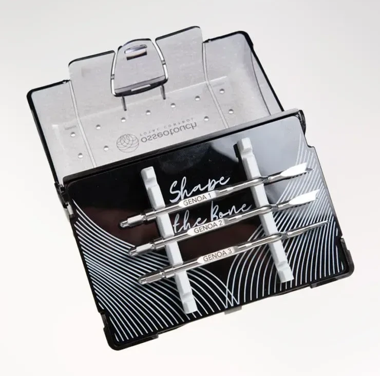 Kit GENOA aperto con 3 lame per creste sottili ideate dal Prof. Baldi