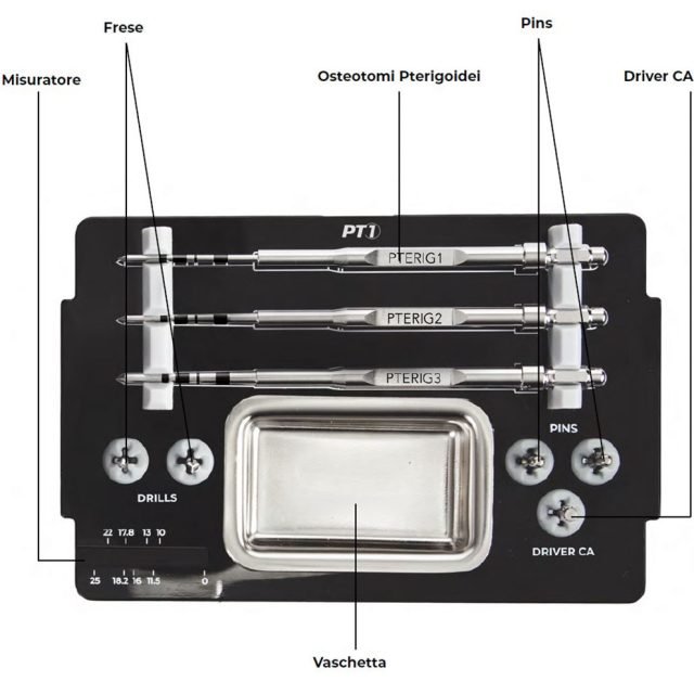 Kit PT-1 dettaglio osteotomi, pin e driver