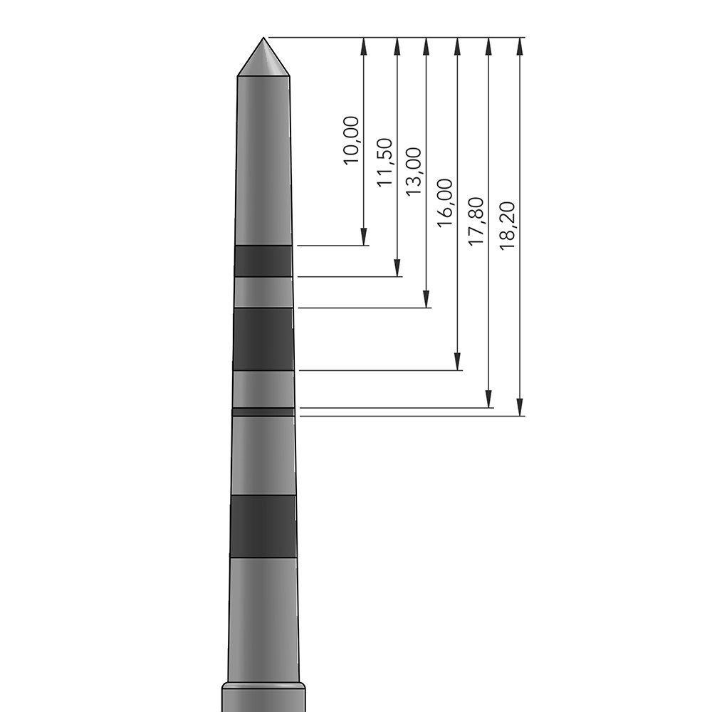 Osteotomo PT3 - disegno tecnico con quote dimensionali: 10.00, 11.50, 13.00, 16.00, 17.80, 18.20 mm